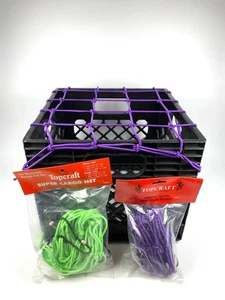 VTG Bike Cargo Net Dayglo Green Purple Stretch Basket Cover Topcraft 15x15" NOS - Picture 1 of 11