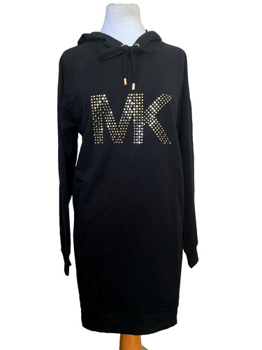 MICHAEL KORS ABITO NERO CON CAPPUCCIO LOGO OCCHIELLO ORO NUOVO CON ETICHETTE TAGLIA L