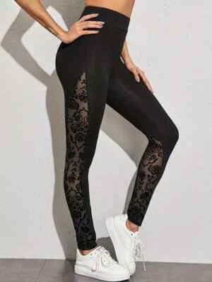 Leggings de renda preta infundida, cintura alta elástica e magra com contraste tamanho P 4 - Imagem 1 de 4