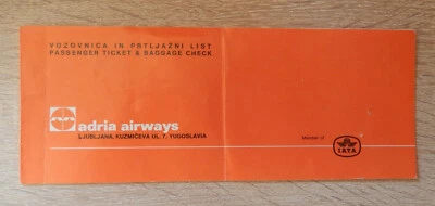 ADRIA AIRWAYS  EX_YUGOSLAVIA VINTAGE PLANE TICKET - Bild 1 von 2
