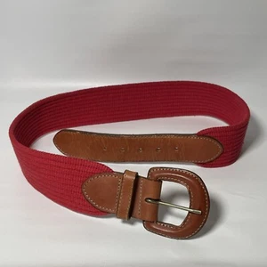 Vintage Lands’ End Cotton & Leather Belt 506 Made In USA 28” Red & Brown - Picture 1 of 6