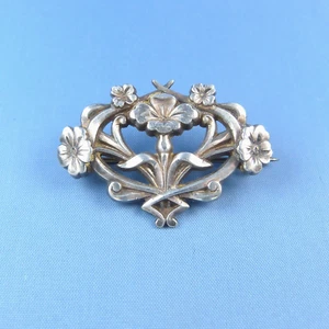 Broche estético Art Nouveau de plata de ley / prendedor floral antiguo - Imagen 1 de 4