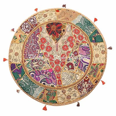 Funda de almohada de piso de retazos redondos vintage de yoga boho bordada de algodón 32x32 Foto 1 de 4