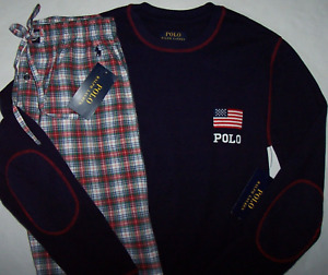 NWT Polo Ralph Lauren Plaid Pants/Navy FLAG Top Pajama/Lounge Set Men's S PONY