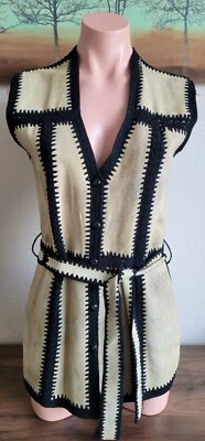 Chaleco Suéter Vintage Años 70 Cuero y Acrílico M L Retazos Cinturón Hippie Western Foto 1 de 4