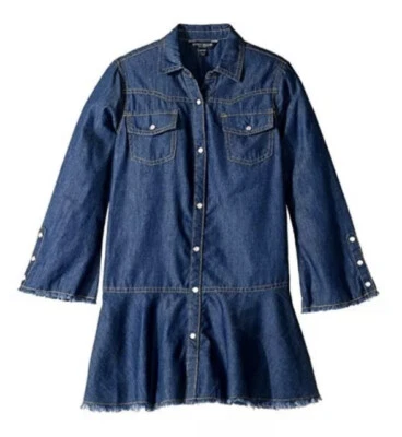 Lucky Brand Girl's Sz L 12 Denim Dress Drop Waist Raw Edge Bell Slv Pockets NWT - Image 1 of 4