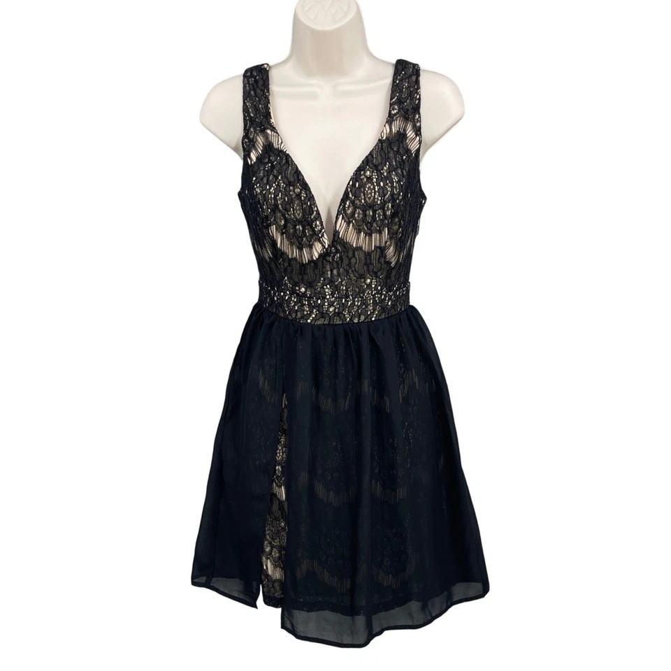 Maurices Black Lace Mini Dress Witchy Whimsigoth Deep V Party Edgy Sexy Size S - Image 1 of 4