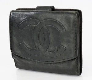Auténtico estuche para monedas CHANEL de cuero negro con piel de cordero compacto plegable #49195 - Imagen 1 de 16