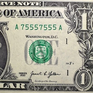 Fancy Serial Number $1 Binary Repeater 6 of a Kind  A 75557555 A Crisp - Picture 1 of 5