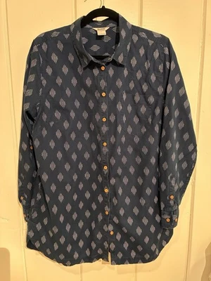 Camisa feminina Duluth Trading grande azul mistura de cânhamo aba rolante botão para cima túnica - Imagem 1 de 4