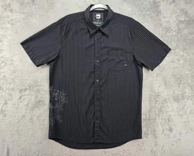 Quicksilver Mens Shirt L Short Sleeve Button Down Black Striped Embroidered Logo - Image 1 of 4