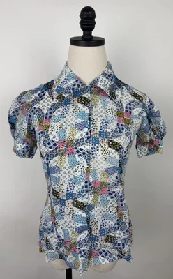 Camisa colcha vintage feminina pequena anos 70 feita à mão blusa pradaria manga folhada hippie - Imagem 1 de 4