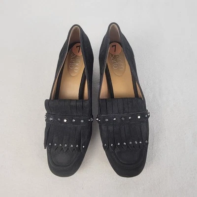 NUEVO Franco Sarto Kiltie Gamuza Bomba Talla 7M Tacón Bloque Flecos Tachonados Foto 1 de 4