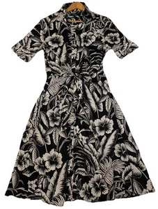 Lauren Ralph Lauren Fit & Flare Pure Linen Black White Floral Midi Dress Sz 6 - Picture 1 of 11