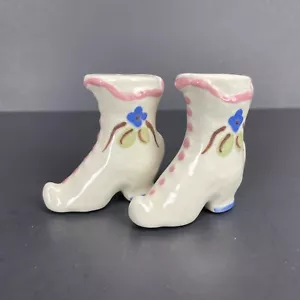 Victorian Boots Porcelain Salt & Pepper Shakers Blue Flower Ceramic no stoppers - Picture 1 of 8