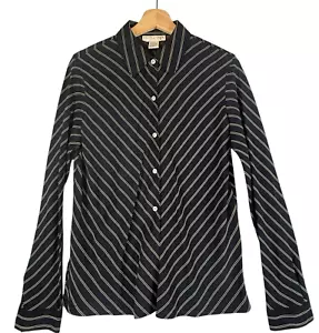 NWT Doncaster 100% Silk Luxury Button Up Blouse Shirt Navy Stripe Womens SIZE 8 - Picture 1 of 12