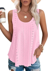 Womens Tank Tops Sleeveless Eyelet Embroidery Scoop Neck Loose Fit Casual Summer - Picture 1 of 12