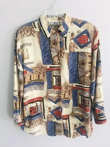 Vintage 90s Le Caviar Women’s Blouse Top Blue Yellow Brown Green Size Large - Picture 1 of 10