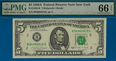 1988A $5 Federal Reserve Note New York PMG 66EPQ TOP POP highest graded BC block - Image 1 of 3
