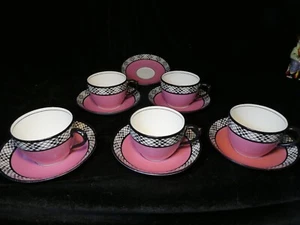 Art Deco Bisto Pink With Black And White Geometric Design - 5 Cups & 6 Saucers - Picture 1 of 12