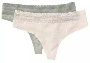 CALVIN KLEIN QP1798 Lace Logo Waist THONGS PANTIES 2-Pair PINK GRAY L NWT $26 - Picture 1 of 6