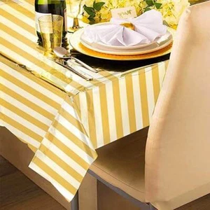 Metallic Plastic Rectangular Gold & White Stripe Table Cover Party Tablecloth - Picture 1 of 1