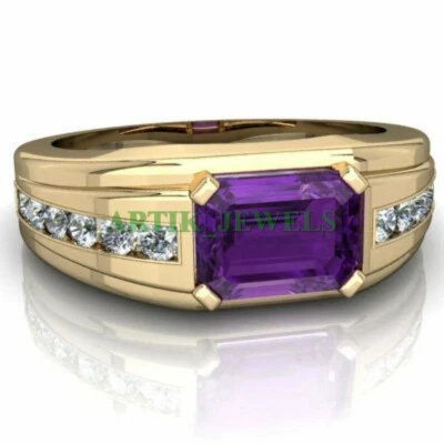 Мужское кольцо из стерлингового серебра 925 пробы с позолотой натуральный аметист драгоценный камень #48 - Изображение 1 из 4