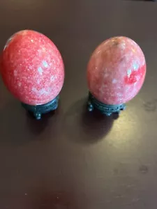 Japanese Vintage Marble Egg Polished Red Pink Stand Collectible Set of 2 - Picture 1 of 5
