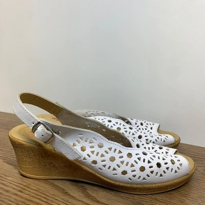 Spring Step Orella Slingback Leather Comfort Wedge Sandal Size 8 White - Image 1 of 4