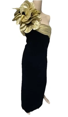 Maxi Vestido Largo Lillie Rubin Vintage Dorado Dramático Flor Negro Terciopelo EE. UU. 4 Foto 1 de 4