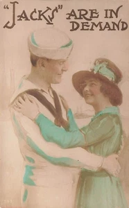 WOMAN WITH SAILOR WWI ERA JACKS ARE IN DEMAND HAND TINTED RPPC POSTCARD 091525 U - Picture 1 of 2