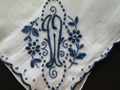 A+ Vintage Hankie White Madeira Style Hand Embroidered Blue Monogram W Wedding - Image 1 of 4