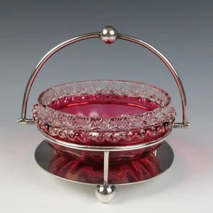 Victorian Cranberry Glass Bowl in Silver Plate Stand Sweetmeat Preserves Antique - Picture 1 of 16