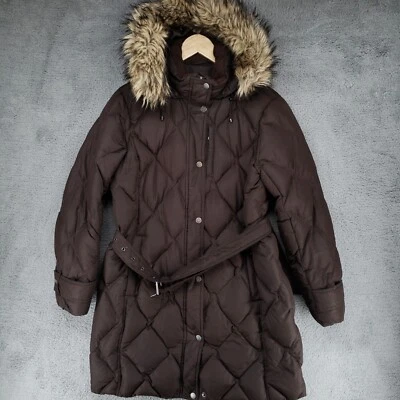 Lands End Coat Jacket Girls 10-12 Brown Down Puffer Faux Fur Hooded Belted - Image 1 of 4