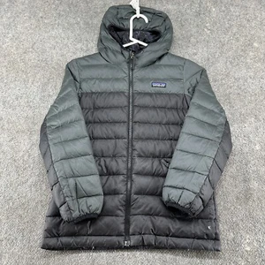 Patagonia Jacket Boys M? Black Grey Puffer Goose Down Reversible Full Zip Hooded - Picture 1 of 15