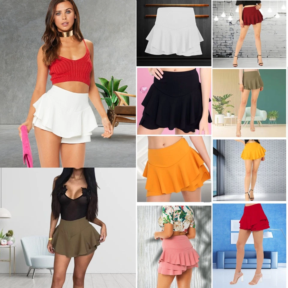 Women's Plain Layered Frill Ruffled Mini Skirt Stretchy Crepe High Waist Skort - Image 1 of 1