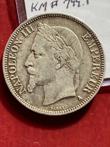 1869 FRANCE SILVER 5 FRANCS NAPOLEON CROWN - Picture 1 of 3