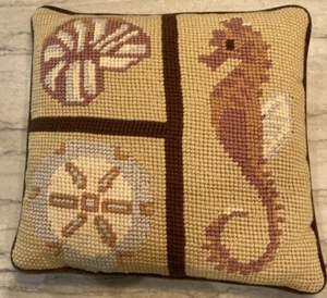 Needlepoint Sea Shell Pillow Velvet Back Seahorse Sand Dollar Handmade Brown - Picture 1 of 9