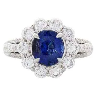 Dispone di uno zaffiro a taglio ovale blu da 3,25 CT con anello da donna a... - Immagine 1 di 4