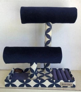 Ellen Tracy Blue White Cotton Velvet Bracelet Watch Ring Jewelry Holder Tree - Picture 1 of 7