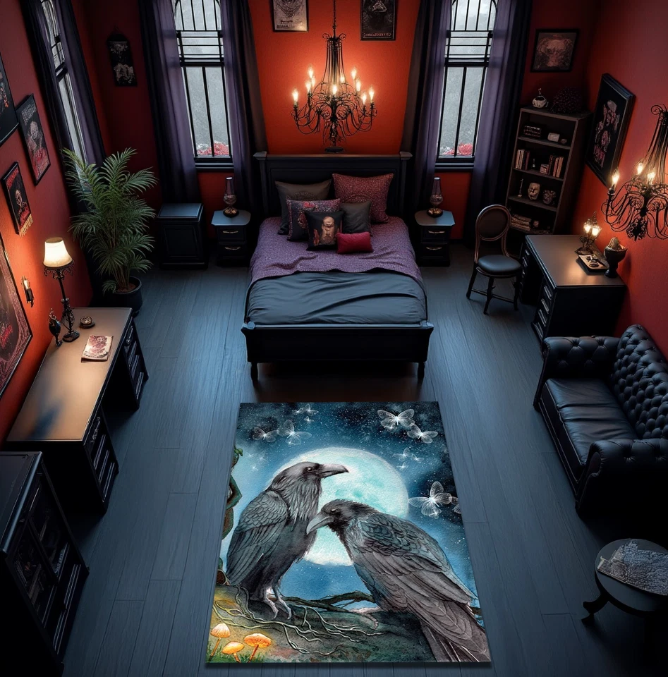 Tapete de área estampado corvo, decoração assustadora para casa, tapete estilo gótico tapete temático de terror - Imagem 1 de 4