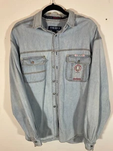 Vintage Perry Ellis America Mens Light Blue Denim Western Metal Buttons Large de - Picture 1 of 6