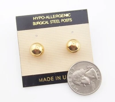 Surgical Steel Post Gold Tone Ball Stud Pierced Earrings, Made in U.S.A.  #242 - Image 1 of 2