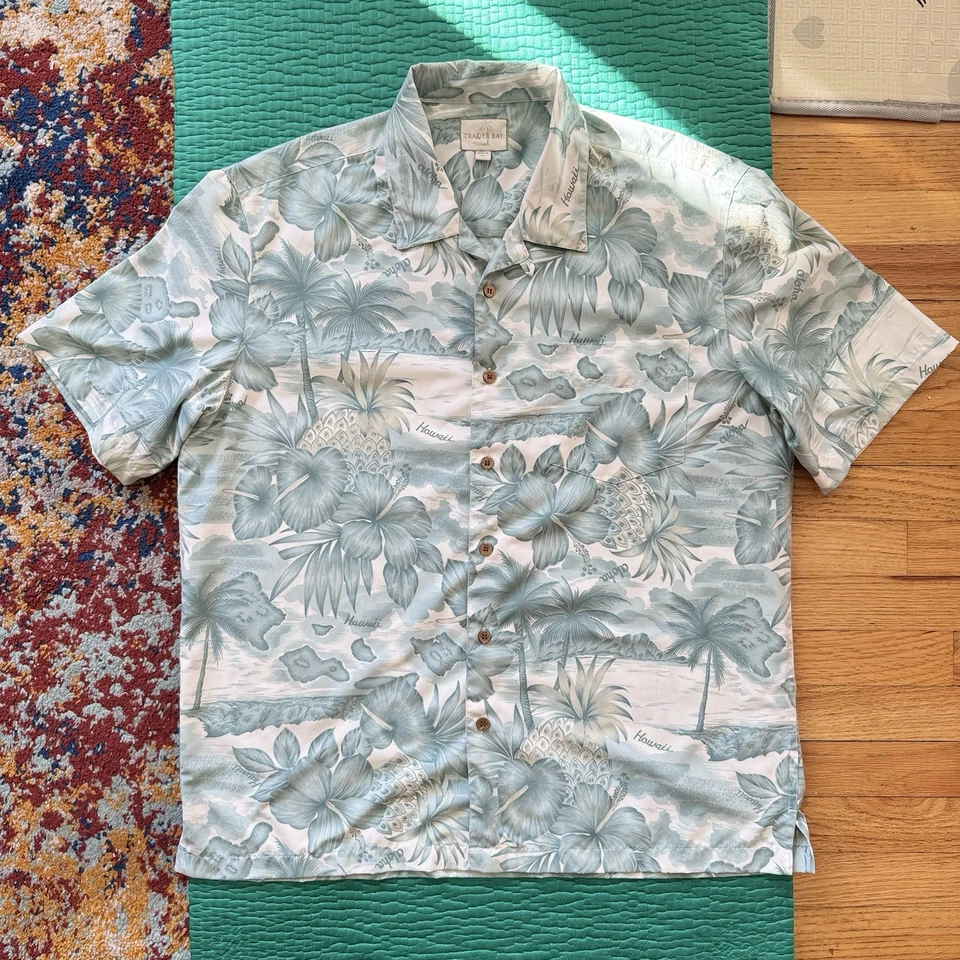 Vintage Trader Bay Hawaiian Shirt Blue & White Aloha Shirt Adult Mens L Soft 90s - Image 1 of 4