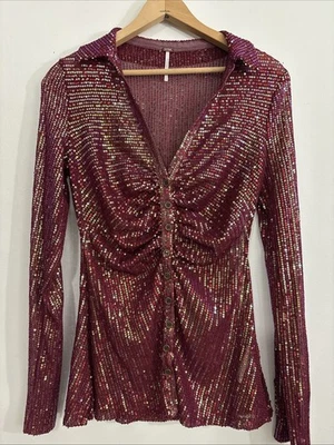 Free People Sequins Shirtee Blouse Top Dark Rhubarb Size Small - Image 1 of 4