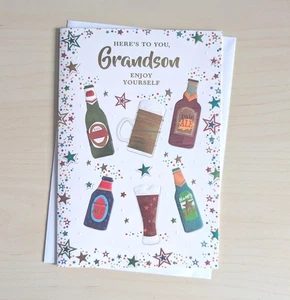 Tarjeta de cumpleaños de nieto - Botellas de cerveza para beber hombres niños adultos - 7,5"x5,25" - Imagen 1 de 3