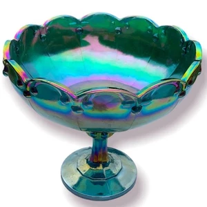 Vintage Indiana Glass iridescent Peacock BlueGarland Pedestal Bowl - Picture 1 of 7