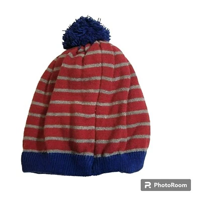 Sombrero de lugar para niños, gorro bebé 12-18MO, azul, rojo y gris, a rayas, pompón, usado en excelente estado Foto 1 de 4