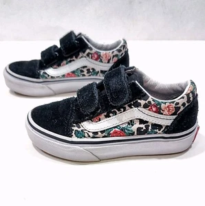 Vans Old Skool V Sneakers Kids 10.5 US Leopard Floral Black Suede Hook & Loop - Picture 1 of 10