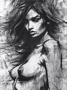 Nude Female ORIGINAL DRAWING charcoal naked women UNIQUE STYLE no reserve XX243